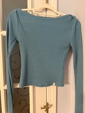 BDG Light Blue Ribbed Boatneck Long-Sleeve Top
